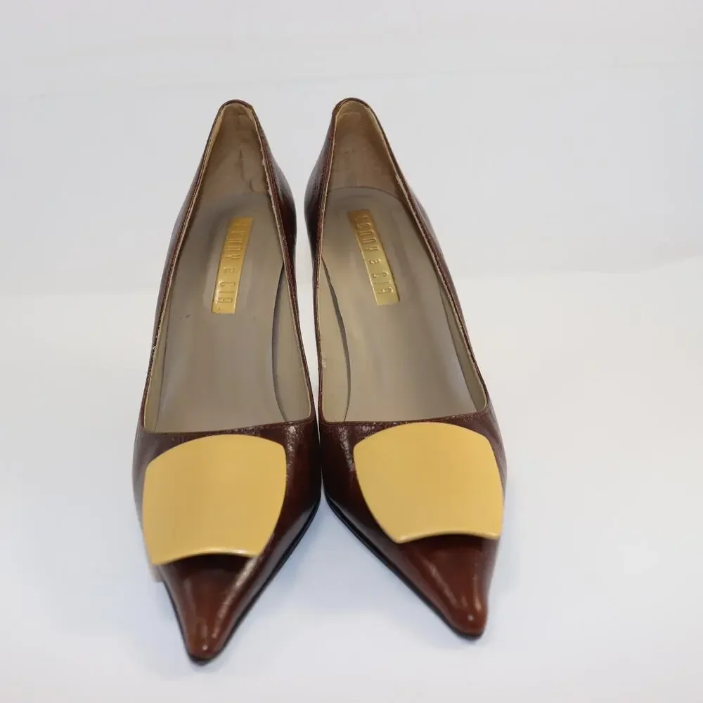Lenny e Cia Brown Leather Gold Accent Heels‎ Size 6.5